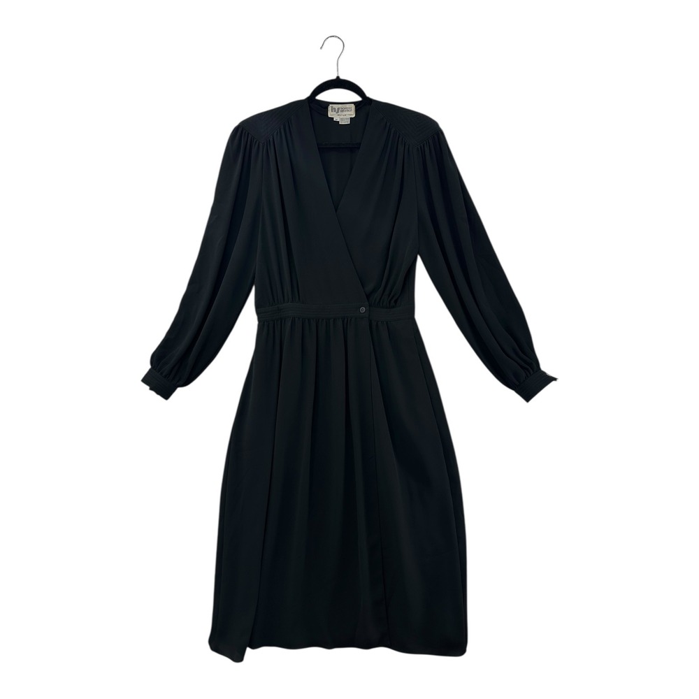 Vintage‎ Pierre Cardin Black Midi Dress Size 12 Bishop Sleeve V Neck Wrap Style